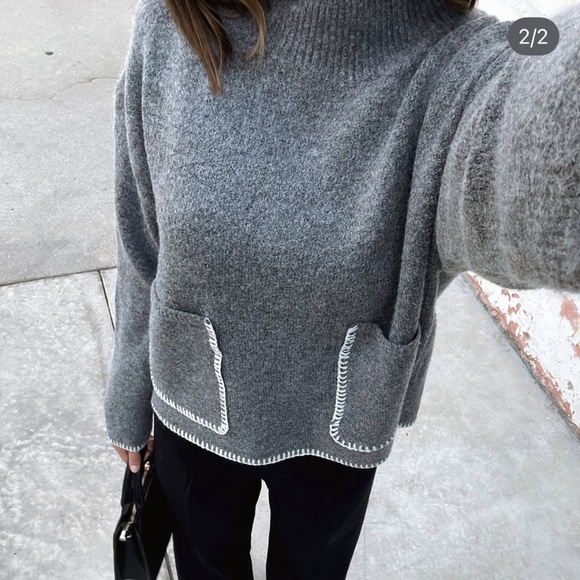 Dreamers By Debut Sweaters - Dreamers By Debut Womens Grey White Gingerbread Sweater Mockneck Long Sleeve